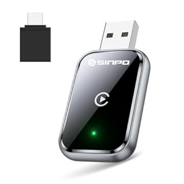 SINPO Adaptador CarPlay e Android Auto sem fio para iPhone e Android, com cabo de extensão USB e USB-C, conexão estável e sem atraso, design compacto, cor preta