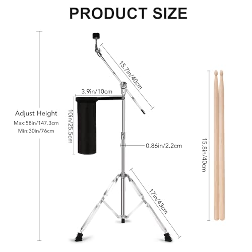 Image of Boom Cymbal Stand, Adjustable 2-in-1 Straight Boom Cymbal Stand + Drumsticks + Drumstick Holder + Drum Keys, Double Braced Legs with Rubber Feet for Mounting Crash, Ride, Splash Cymbals (1 Set)