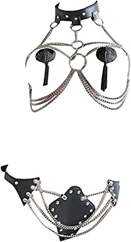 Women's Faux Leather Harness Punk Gothic Metal Chain Tassel Body Caged Lock And G-String Bikini #TOP4