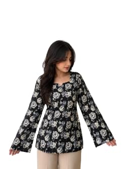 Women Floral Print Cotton Kurti | Square Neck | Bell Sleeve | Straight Fit | Lightweight Breathable Fabric | Stylish Ethnic Kurta for Women | Comfortable Tunic Top-picture-40
