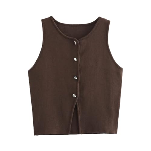 Women's Ribbed Knit Vest, Cropped Sleeveless Tank Top with Round Neck and Flat Stitch Pattern