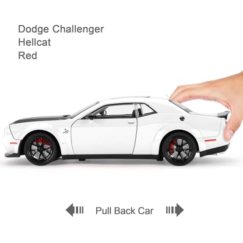 Image of WORSHIPER 1:24 Dodge Challenger SRT Exclusive Alloy Metal Pull Back Die-cast Car Model with Sound Light Mini Auto Toy for Kids for Toy Car with Sound and Light (1:24 Dodge Challenger - White)
