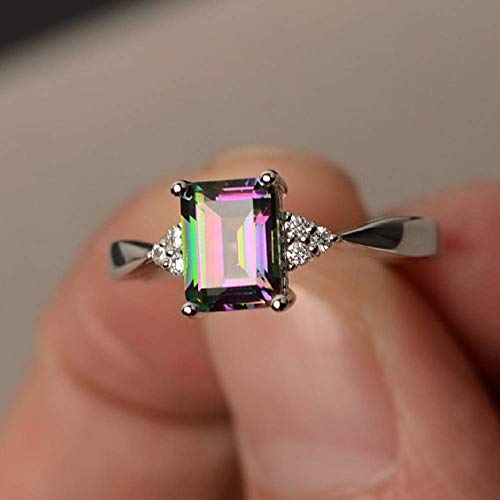 Lzz Fashion Lady 925 Sterling Silver Mysterious Rainbow fire Topaz Ring Square Cut Cubic Zirconia Single Stone Ring Wedding Jewelry Size 6-10 (US Code 6)