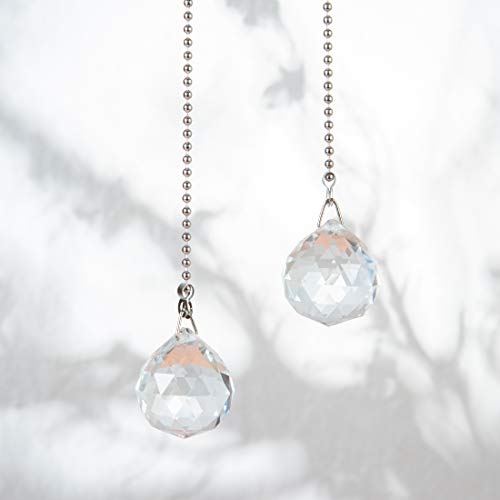Image of Ceiling Fan Pull Chain, 2pcs 30mm Diameter Prism Ball Extension Chains with Decorative Light Bulb and Fan Cord (Clear)