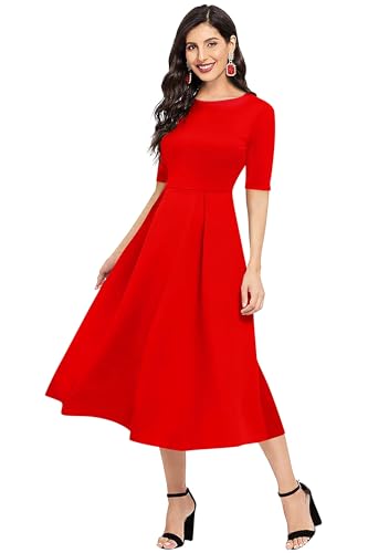 Image of LONDON BELLY Women's Poly Cotton Midi Dress with Round Neck 3 /4 Sleeves Solid Pattern Regular Fit and Calf Length | Women Midi Dress | Casual Party Summer for Womans