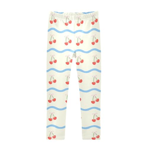 Cherry Pattern with Bow in Cartoon Style Girls Leggings,Workout Leggings for Girls Toddler Athletic Leggings Size for 3-10T
