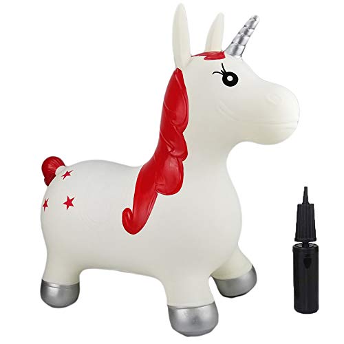 Image of Toy House Bouncy Horse Hopper Inflatable Jumping White Unicorn, Ride On Rubber Bouncing Animal Toys for Kids Toddlers Boys and Girls | Pump Included