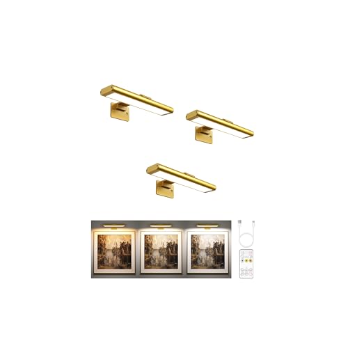 EZVALO Picture Light for Wall Rechargeable 2400mAh Gold Lights Wireless with IR Remote 3 Color & Dimmable Magnetic 7.87 LED Lights Display for Painting Living Room Gallery Bedroom Art(3P)