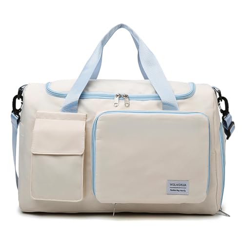 Foldable Travel Carry On Duffel Bags for Women Weekender Overnight Bag with Shoes Compartment Waterproof Gym Bag (White and light blue), CM240524