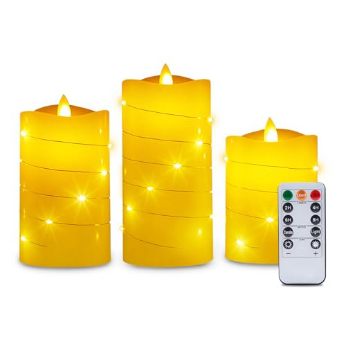 IMAGE 【3D Flickering Flame & Real Wax】 Flameless Candles with Remote Timer, Battery LED Candles, Realistic 3D Flame Effect, Set of 3 (3/4/5/6 inch) for Home Wedding Party Decor