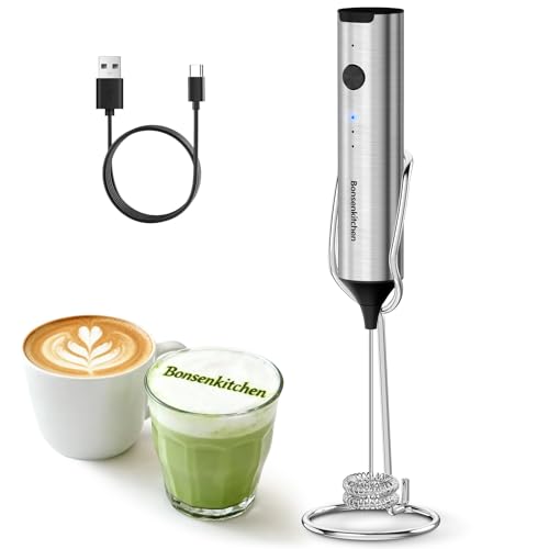 Bonsenkitchen Rechargeable Milk Frother Hanheld, Electric Coffee Frother, Portable Hand Frother Wand Drink Mixer for Matcha Lattes Cappuccino, Kitchen