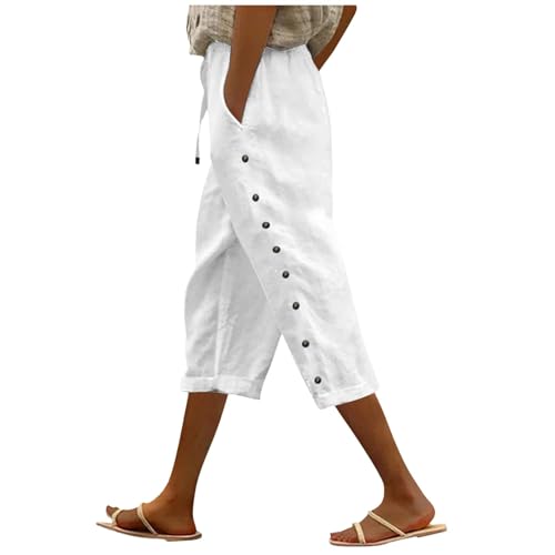 Capri Pants for Women with Pockets Casual Summer High Waist Linen Capris Lightweight Straight Leg Cropped Trousers