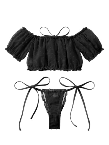 Image of Lilosy Sexy Stretch Ruffle Tie Sheer Mesh Lingerie Set Outfits