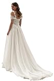 Xsqmbwb Off Shoulder Tulle Wedding Dress for Bride Lace Applique Spaghetti Straps A-Line Bridal Dress Ivory US8