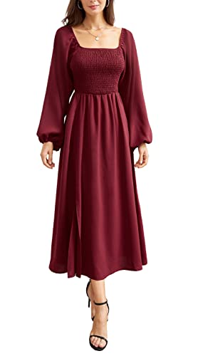 Womens Lantern Sleeve Square Neck Hem Blackless Solid Color Maxi Dress Wine Red XL