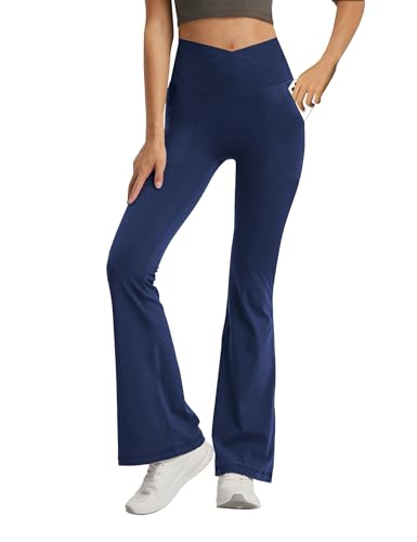 Image of Leggings with Pockets for Girls Solid Black Stretch High Waist Tummy Control Workout Dance Bootcut Yoga Pants