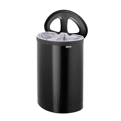 Brabantia Selector Laundry Basket with Lid | 55L - 2 Compartment Washing Basket with Quick‑Drop Lids & Removable Cotton Bag | Matt Black - Image 2