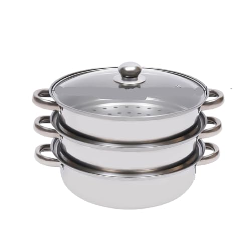 FonHNDG Juego de Olla vaporera de Acero Inoxidable de 3 Niveles de 28 cm con Tapas de Vidrio for cocinar Verduras, Olla Multiusos for Preparar Alimentos. para Verduras, Mariscos