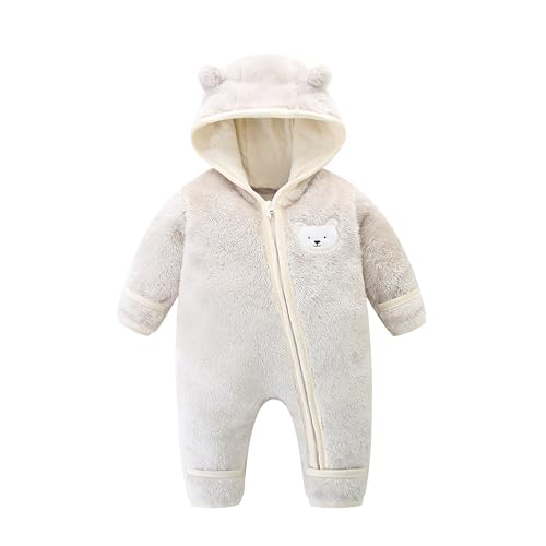 Image of Newborn Baby Fleece Jumpsuit Unisex Infant Bear Hooded Onesie with Mitten Cuffs Winter Warm Snowsuit Outfit