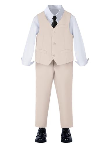 Image of YuanLu Toddler Boys Formal Suits Set,Vest Pants Dress Shirt and Tie for Kids Boy Wedding Ring Bearer Oufit