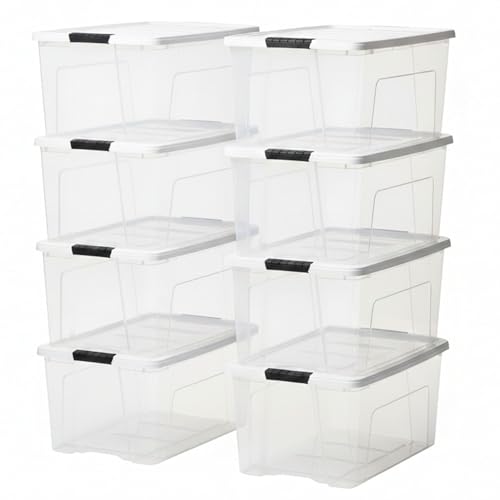 Image of IRIS USA 72 Qt Stackable Plastic Storage Bins with Lids, 8 Pack - BPA-Free, Made in USA - See-Through Organizing Solution, Latches, Durable Nestable Containers, Secure Pull Handle - Clear /White