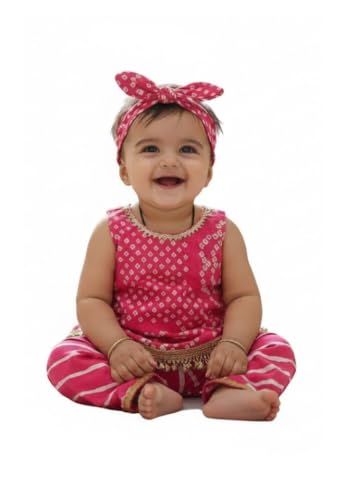 Image of The Root And Craft Kids Birthday Photoshoot Outfit Dress Girls Bandhani printed Top With Dhoti pant & Hairband Born Baby Photography Photoshoot Props(0to 18 Month)