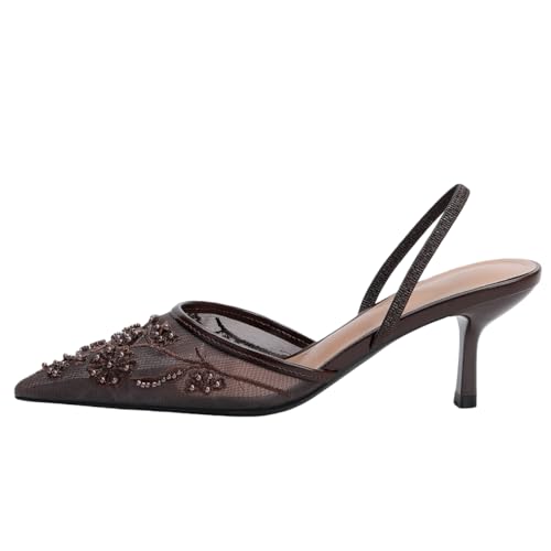 Image of Fashion Mesh Slingback Pumps Shoes for Women Ankle Strap Pointed Toe Pumps