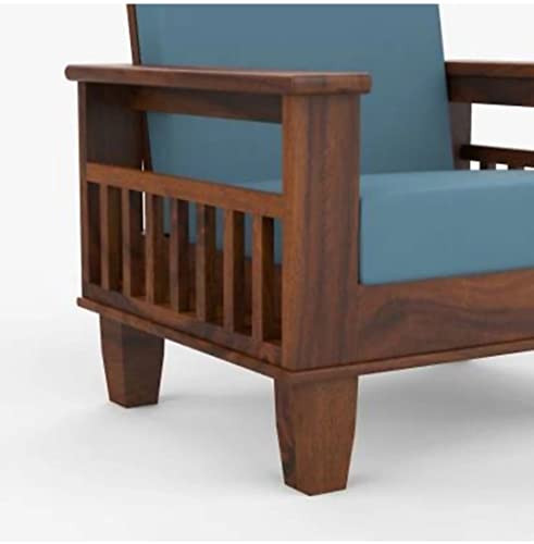 Image of Nexo Solid Sheesham Wood Sofa Set for Living Room 3 Seater Sofa Set for Home Furniture (Teak Finish with Blue Cushions)