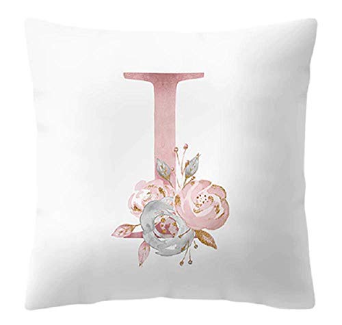 Funda de cojín - 45 x 45 cm - Letra I - Inicial - Nombre - Alfabeto - Cojín decorativo - Sofá - Cama - Casa - Dormitorio - Rosa - Flores - Color blanco y rosa Cover
