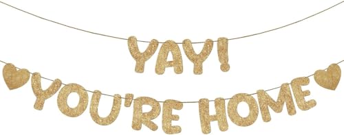 Welcome Home Banner with Glitter Yay Youre Home Sign for Welcome Home Decor W-elcome Back Banner for Military College Reunion & Housewarming Party (Gold)