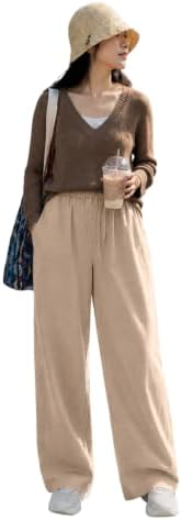 CHICSTIT Women Cotton Wide Leg Trousers | Elastic Waist High Rise Palazzo Pants | Loose Fit/Straight Fit Casual Lounge Pants (in, Alpha, 2XL, Regular, Beige)
