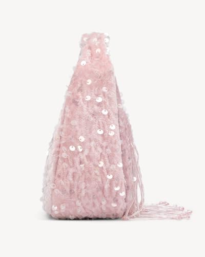 Image of NEWBELLA Women's Sequin Fringe Hobo Evening Bag - Sparkly Shoulder Purse for Cocktail Party, Date Night, Wedding & Special Occasions (Light Pink)