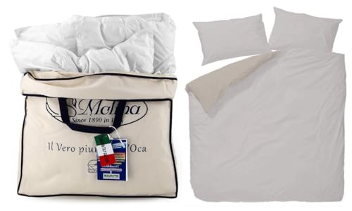 Molina Piumino Matrimoniale Perla 250x220 – 100% Piuma d’Oca Vergine Siberiana – 5 Punti Calore, Anallergico, Invernale Premium Made in Italy + copripiumino double-face var. (grigio/grigio P.)
