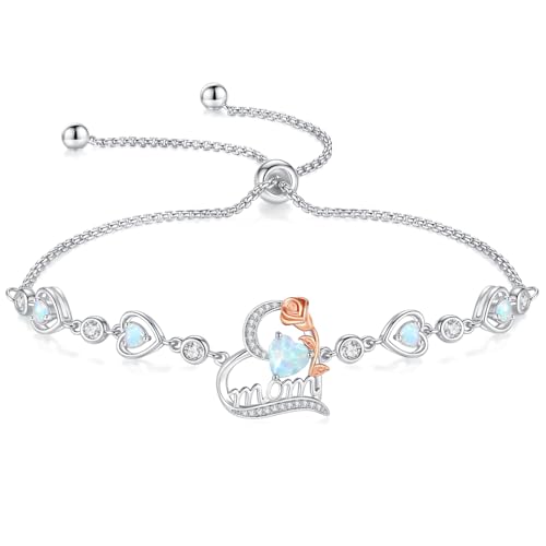 FANCIME Mom Birthstone Bracelet for Women Rose Heart Bracelet Mother’s Day Gift Jewelry Gifts for Grandmother Wife, 9 Inches Adjustable