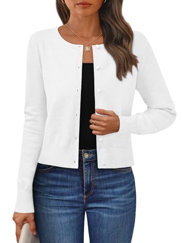 LILLUSORY Womens Cropped Cardigan Crew Neck Lightweight Crop Sweaters Fall Cute Button Down Knit Clothes 2026 White M