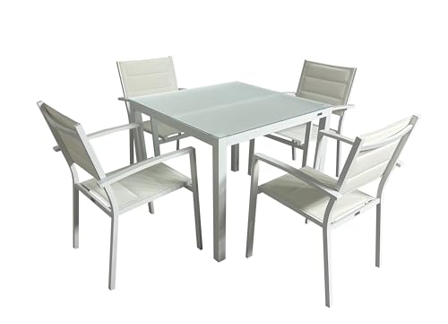 MOMMA HOME Set Mesa y sillas terraza, Conjunto Muebles Jardín Exterior 5 Piezas, Estructura de Aluminio, Mesa y Sillas Terraza Impermeables, Resistentes a Intemperie y Exterior (Blanco)