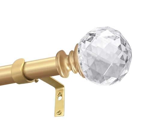 Exquisite Gold 46-148Inch Adjustable 1in Steel Curtain Rod with Acrylic Finials. Crystals ball Transparent diamond, Easy to Install, Suitable for Bedroom and Living Room kitchen and hotel