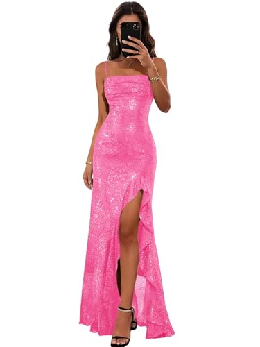 aseting Corset Hot Pink Prom Dress 2026 Spaghetti Straps Ruffles Sequin Ruched Bodycon Holiday Party...