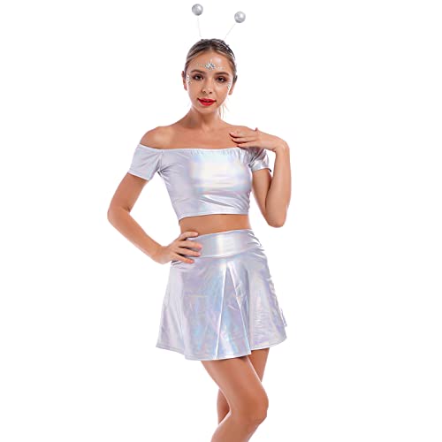 Robe Année 80 YONGHS Women's Halloween Alien Costume Metallic Shiny Crop Top Mini Skirt Outfit With Headband A Silver Small Ensemble Jupe Et Haut Femme