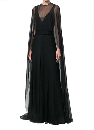 Women Chiffon Long Cape High Low Flowy Poncho Sheer Mesh Shawl and Wraps Capelets Bridal Wedding Evening(Black,One Size)