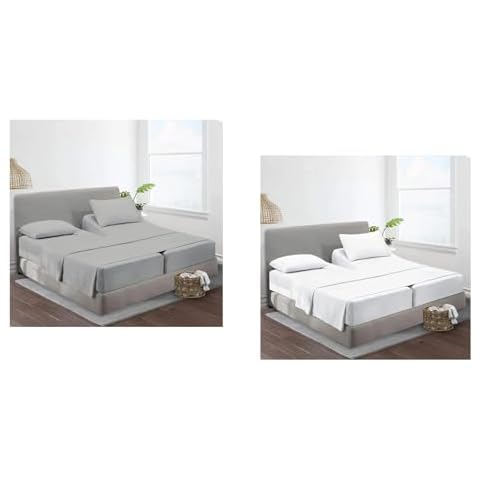 5 PC Split Sheets Set Split King -16'' inch deep Pocket (Silver Grey + White) Cover