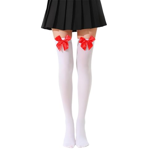 Jiamaohua 1 paire de chaussettes montantes avec nœuds en satin avec nœud opaque en dentelle au-dessus du genou, bas longs sexy pour femme, Halloween, Noël, Saint-Valentin, Rouge, L-XL Taille tall