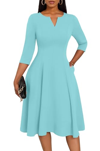 Image of Nmoder Midi Dresses for Women A-Line Fit and Flare Dress 3 /4 Sleeve V Neck Cocktail Wedding Guest Work Dress with Pockets