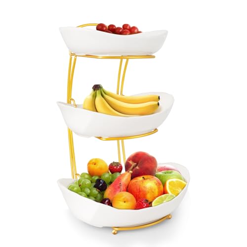 KXSGKRR 3 Tier Fruit Bowls for Kitchen Counter, White Ceramic Serving Bowls with Gold Metal Stand, Tiered Fruit Basket Display Rack for Fruits Vegetable Snack Nuts Cake Dessert Storage
