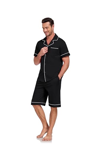 EA'S SECRET Men's 100% Cotton Pajamas Set Short Sleeve Button Down Notched Collar Sleepwear Lounge Pjs Set With Pockets (Black,M) - Image 4
