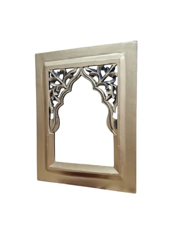Image of Antique Black Hand Carved Wooden Jharokha Wall Mirror Frame for Home & Bedroom Decor - Traditional Arch Design (12x9 Inch) (Golden)