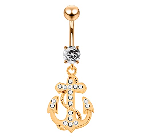 Atoz Piercing Rose Gold Plated Clear Cz Stone Fancy Tribal Anchor Design Dangling 925 Sterling Silver Navel Ring #TOP22