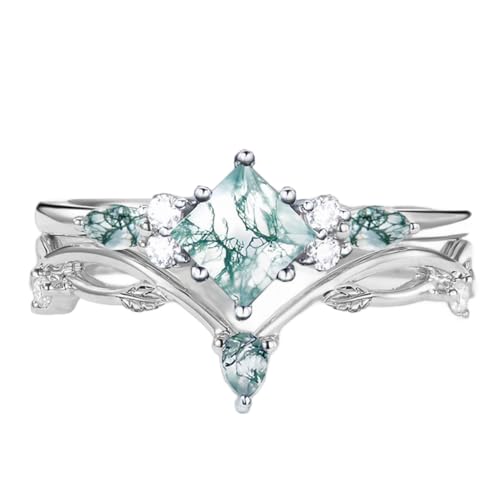 Moss Agate Wedding Ring Set S925 Sterling Silver 10K/14K/18K Gold Personalized Unique Engagement Moss Agate Ring Set Moss Agate Jewelry for Women Wife(White/Black)