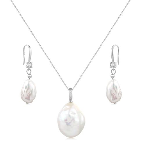 White Baroque Pearl Necklace and Earring Set 10-18mm S925 Sterling Silver Detachable Natural Freshwater Pearl Pendent Necklace Drop Earrings Set Vintage Pearl Jewelry Gift For Women