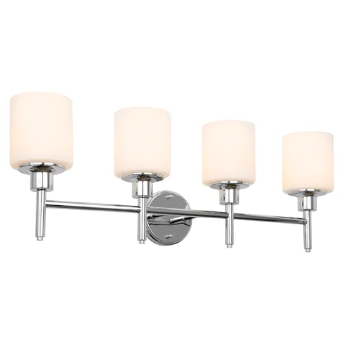 Design House Aubrey Transitional 4-Light Indoor Bathroom Vanity Light – Above The Mirror, Dimmable, Damp Listed – Frosted Glass and Polished Chrome – Design House, 589788